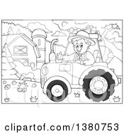 Clipart Of A Black And White Happy Male Farmer Waving And Driving A Red Tractor By A Barn And Silo Royalty Free Vector Illustration by visekart