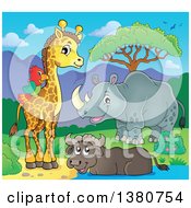 Poster, Art Print Of Happy Rhinceros Water Buffalo Giraffe And Parrot At A Pond