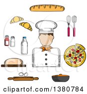 Poster, Art Print Of Sketched Baker Pizza And Baguette Croissant And Milk Eggs And Dough Chopping Board And Cutlery Salt Pepper And Pot