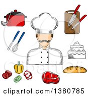 Poster, Art Print Of Sketched Male Chef With Bread Beef Steak Pot With Ladle Tiered Cake Sliced Fresh Vegetables Chopping Board With Knives Whisk And Fork