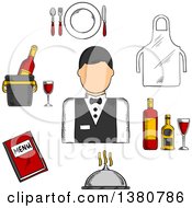 Poster, Art Print Of Sketched Waiter In Uniform Bow Tie Encircled By Menu Book Apron Tray With Bottles And Glass Champagne In Ice Bucket Plate With Fork Knife And Spoon Silver Cloche