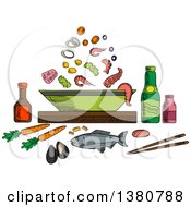 Sketched Seafood Dish With Sauce Bottles And Chopsticks Whole Fish And Bowl With Pieces Of Tuna Shrimps And Mussels Olives And Vegetables