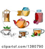 Sketched Tea Icons With Jars Honey And Raspberry Jam Desserts French Press Various Teacups With Tea Bag Sugar Cubes Fresh Leaves Of Mint And Cowberry With Porcelain Teapot