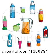Poster, Art Print Of Sketched Beverages And Drinks With Pitcher And Fresh Apple Encircled By Water Milk Juice And Soda Bottles Lemonade And Cocktails