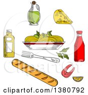 Sketched Spaghetti Sauce And Basil Encircled By Bottles Of Olive Oil Tomato And Mustard Sauces Fork Cheese Ciabatta Bread And Salmon Fish