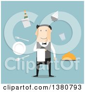 Poster, Art Print Of Flat Design Male Waiter Surrounded By Dinner Set Champagne And Ice Bucket Ice Cream Sundae And Fried Chicken Silver Tray And Restaurant Bill On Blue