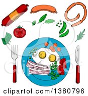 Poster, Art Print Of Sketched Breakfast With Fried Eggs And Bacon Served On Blue Plate With Cutlery Surrounded By Vegetables And Sausage