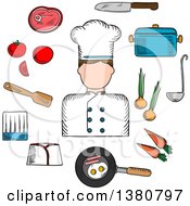 Poster, Art Print Of Sketched Chef Profession With Cook In Uniform Surrounded By Fresh Tomato Onion And Carrot Pan With Eggs And Bacon With Knife Saucepan With Ladle And Meat Steak Chef Hats And Spatula