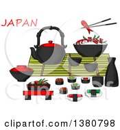 Poster, Art Print Of Sketched Japanese Seafood And Drinks Set With Sashimi And Sushi Rolls Below A Table Set With A Teapot Sake Fresh Salad Chopsticks And Bowl Of Rice And Prawns