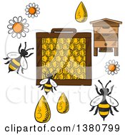 Poster, Art Print Of Sketched Beehive Frame With Honeycombs And Bees Flying Around Flowers And Drops Of Honey On Orange Background With Text Beekeeping