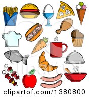 Poster, Art Print Of Sketched Food And Drinks Flat Icons Set With Pizza Sausages Burger Coffee Cup Cake Chicken Egg Ice Cream Hot Dog French Fries Apple Fish Carrot Croissant Barbecue Soup Chef Hat Tray