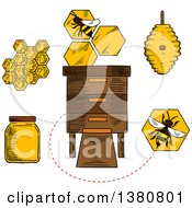 Sketched Beekeeping Items And Bees