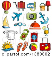 Poster, Art Print Of Sketched Travel Trip And Leisure Icons Set With Airplane And Luggage Passport And Sun Sea And Hotel Service Yacht And Anchor Cocktail And Hot Air Balloon Beach Umbrella And Toys Photo Camera And Diving Mask