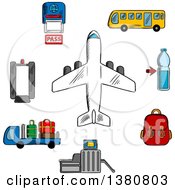 Poster, Art Print Of Sketched Airport Aviation And Airline Service Icons With Airplane Surrounded By Symbols Of Passport Control Metal Detector And Security Gate Baggage Service And Passenger Bus Drink And Hand Baggage