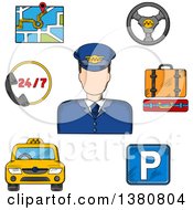 Poster, Art Print Of Sketched Driver Surrounded By Taxi Service Objects Such As Yellow Car Parking Sign And Luggage Steering Wheel And Navigation Map