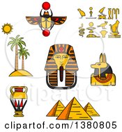 Poster, Art Print Of Sketched Giza Pyramids Golden Mask Of Pharaoh And Ancient Hieroglyphics Scarab Amulet And Anubis God Amphora And Landscape Of Palm Trees With Sun