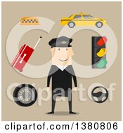 Poster, Art Print Of Flat Design Taxi Driver Yellow Car And Luggage Steering Wheel And Navigation Map Traffic Light And Checkered Roof Sign On Brown