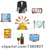 Poster, Art Print Of Sketched Travel And Hotel Luxury Service Icons With Reception Bell And High Quality Room Service Symbols