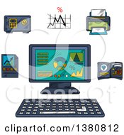 Clipart Of Sketched Business Technology And Office Icons With Printer And Report Charts And Graphs Folder Laptop And Safe Box Royalty Free Vector Illustration by Vector Tradition SM