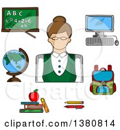Poster, Art Print Of Sketched Female Teacher Surrounded By School Supplies Such As Schoolbag Blackboard And Desktop Computer Globe And Pen Pencil Books And Apple