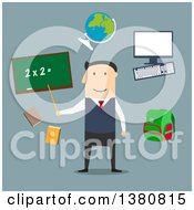 Poster, Art Print Of Flat Design Male Teacher By Blackboard With Chalk Formula Books And Pen Laboratory Flasks And School Bag Exercise Book With Geometric Figures And Triangle Ruler On Blue