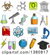 Poster, Art Print Of Sketched Science And Education Icons With College And Book Laboratory Glasses And Computer Microscope And Globe Graduation Cap And Pencil Compasses And Dna Atom And Biohazard Sign Electricity And Oxygen