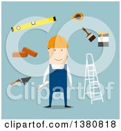 Poster, Art Print Of Flat Design Male Builder With Trowel Brick And Measuring Tape Folding Ladder And Level Tool Paintbrush With Paint Can And Wheelbarrow On Blue