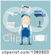 Poster, Art Print Of Flat Design White Male Postman With Postage Stamp Letterbox Package Van Airplane And Letters On Blue