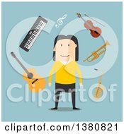 Flat Design White Male Musician With Instruments On Blue