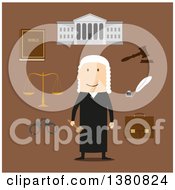 Poster, Art Print Of Flat Design Judge In Mantle And Wig Encircled By Law Book Gavel Prisoner Photo Court Building Scales Paper Scroll And Briefcase Over Brown
