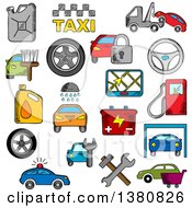 Sketched Car And Repair Service Icons Set With Car Sale Symbol Towing Paint And Washing Repair And Tire Service Taxi Fuel Jerrycan And Gas Station Wheel And Navigation Battery And Traffic Police Security System