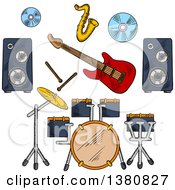 Poster, Art Print Of Sketched Musical Band Icons With Drum Set And Electric Guitar Instruments Drum Sticks And Saxophone Disks And Speakers