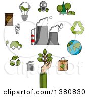 Poster, Art Print Of Sketched Environment And Ecological Conservation Icons With Recycling Electric Cars Green Leaves Eco-Friendly Energy With A Radiation Symbol Gas Mask And Industrial Chimney Belching Fumes