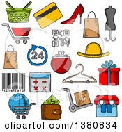 Sketched Shopping Retail Industry And Commerce Icons With Shopping Cart Basket And Bags Credit Card Wallet Money Delivery And Barcode Store Qr Code Gift Box And Calculator Shoes And Hat