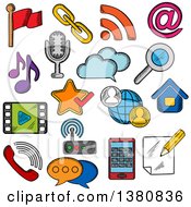 Poster, Art Print Of Sketched Multimedia And Communication Icons With Smartphone Microphone Music And Video Player Email And Search Chat And Call Symbols Cloud Storage Favorite Star And Flag Pin Home And Notebook Rss Feed And Wi-Fi Router