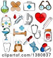 Poster, Art Print Of Sketched Hospital And Pharmacy Signs Nurse And Ambulance First Aid Box And Pills Syringe Stethoscope And Heart Ecg Tooth And Glasses Dna Medication And Microscope