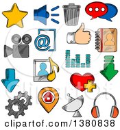 Poster, Art Print Of Sketched Social Media Icons With Chat Speech Bubble And E-Mail Load And Thumb Up Map Pin And Home Page Favorite Star And Heart Video And Contacts Playlist And Equalizer Trash And Gear Headphones And Speaker