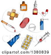 Poster, Art Print Of Sketched Capsules And Blister Of Pills Nose And Throat Spray Syringe Drops Bottle And Dropper Sticking Plaster And Ointment Tube