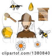 Poster, Art Print Of Sketched Beekeeper In Hat And Apiculture Symbols Around Him Including Honey Jar Flying Bees Flowers Wooden Beehive And Dipper With Drop Of Liquid Honey