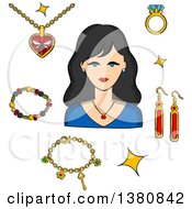 Poster, Art Print Of Sketched Woman Surrounded By Fashion Gold With Gemstones Precious Accessories Chain With Heart Pendant Diamond Ring And Long Earrings Bracelets And Shining Stars