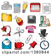 Poster, Art Print Of Sketched Business And Office Supplies Icons With Light Bulb And Phone Calendar And Calculator Mouse And E-Mail Folders Documents And Clock Coffee Cup And Chair Shredder And Scissors Pin And Clip