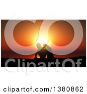 Clipart Of A Silhouetted Woman And Dog Sitting On A Cliff Over The Ocean At Sunset Royalty Free Illustration