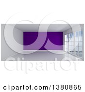 Poster, Art Print Of 3d Empty Room Interior With Floor To Ceiling Windows White Flooring And A Purple Feature Wall