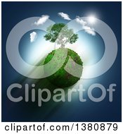 Clipart Of A 3d Tree On A Grassy Planet Zooming Through A Blue Sky With Sunshine And Clouds Royalty Free Illustration