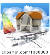 Poster, Art Print Of 3d Custom Home With An Energy Chart And Drafting Tools Over Blueprints And Sky