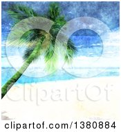 Poster, Art Print Of Watercolor Painted Tropical Beach With White Sands And A Leaning Palm Tree