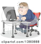 Poster, Art Print Of Chubby Caucasian Man Looking Excited And Sitting At A Computer Desk
