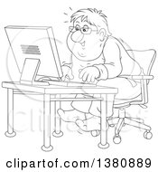 Poster, Art Print Of Black And White Lineart Chubby Man Looking Excited And Sitting At A Computer Desk