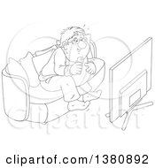 Clipart Of A Black And White Lineart Chubby Man Getting Excited While Watching Tv Royalty Free Vector Illustration