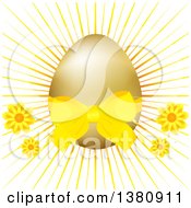 Poster, Art Print Of 3d Golden Easter Egg With A Yellow Bow Flowers And Burst